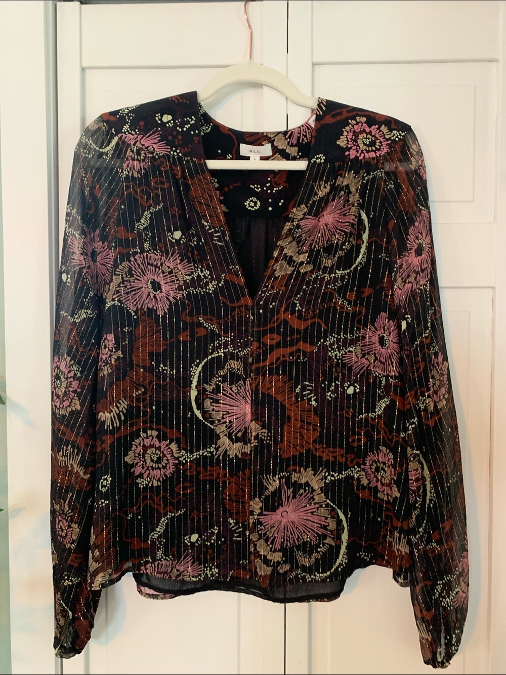 A.L.C. Black Floral Blouse with Pink and Brown Accents, Gold Stripes.